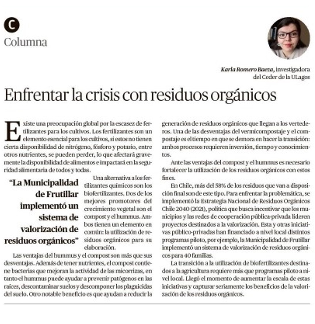 Opinión | Karla Romero Baeza, Doctorado Ciencias Sociales #ULagos, «Enfrentar la crisis con residuos orgánicos». Diario el Llanquihue